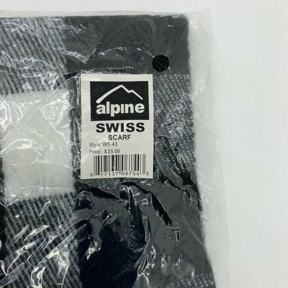 Alpine Swiss Scarf Plaid Acrylic Black Gray White Unisex Neck Warmth New Fringe